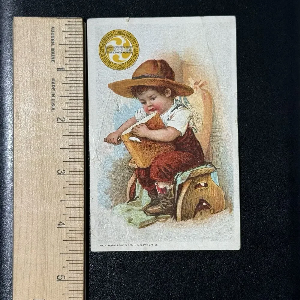 Pair 1905 & 1906 Ceresota Flour Trade Cards Gold Seal Boy Cutting Bread